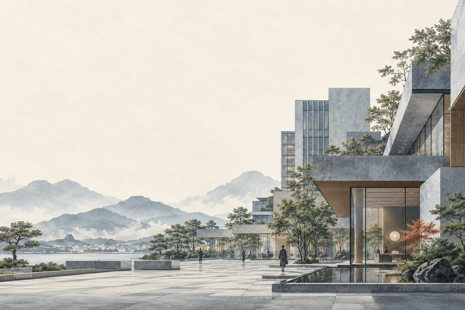 Conceptual contemporary architecture in pale stone with a restrained terracotta plane