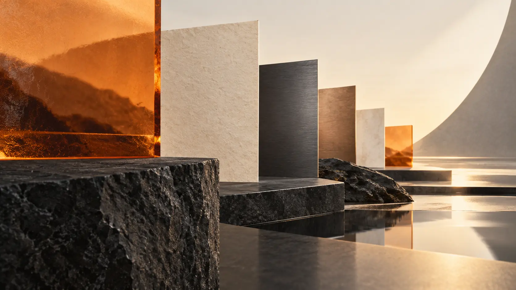 Conceptual sequence of stone, metal and amber glass planes