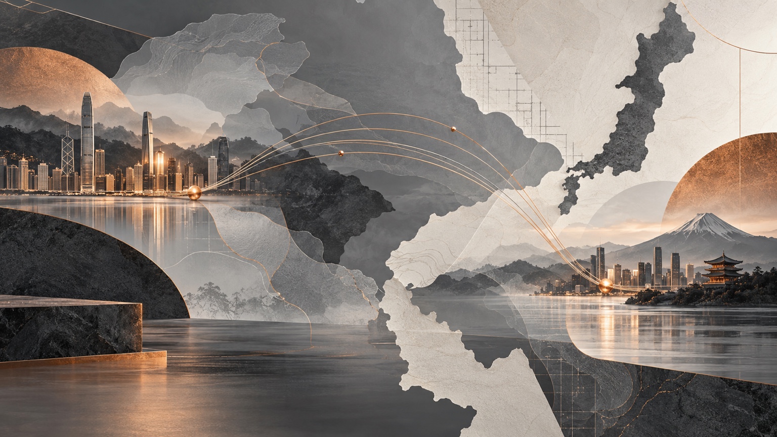 Editorial map connecting Hong Kong and Greater China with Japan through architectural landmarks and capital-flow lines